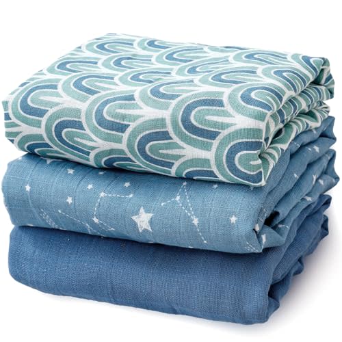 Happy Flute 3 Set Muslin Swaddle Blankets,Essential Baby&Newborn Swaddling,Perfect for Boys&Girls,Receiving Blankets,Nursing,Stroller Cover,Large 47.2x43.3 inches Swaddle Wrap Burping Clothes. (Blue)