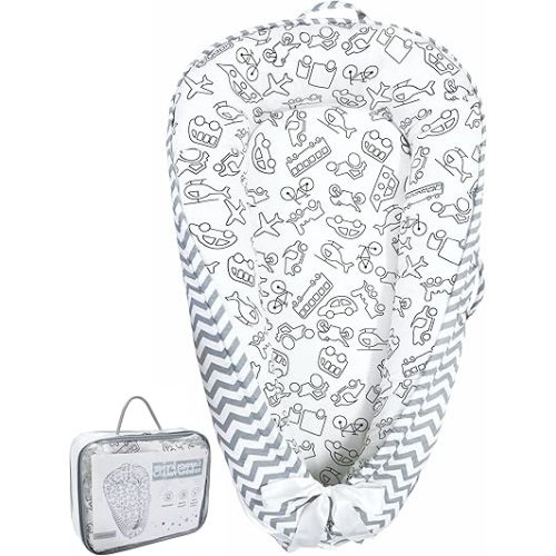 Baby Lounger | Organic Cotton Infant Lounger | Reversible, Adjustable & Portable Floor Lounger |Supervised Use | Soft, Breathable, Washable Cover - Star Collection (Travel Gray)