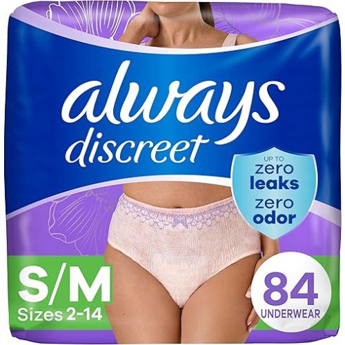 Always Discreet Adult Incontinence Underwear for Women and Postpartum Underwear, S/M, Up to 100% Bladder Leak Protection, 84 Count (Packaging May Vary)