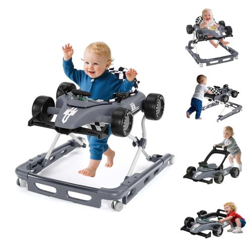 Baby Walker with Wheels, 4-in-1 Baby Walker for Boys Girls Foldable Activity Walker with Adjustable Height Toddler Infant Walker with Music and Lights Walker for Baby 6-24 Months, Grey