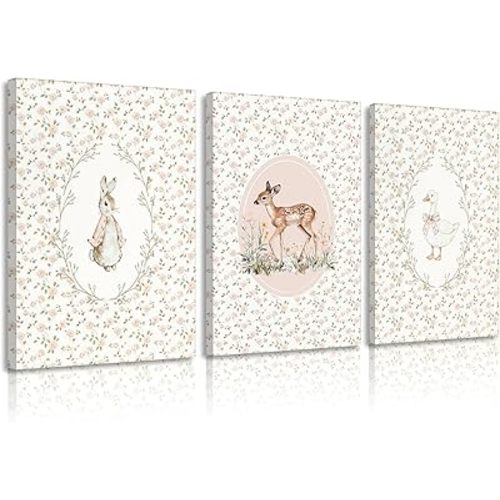 3Pcs Framed Vintage Animal Nursery Wall Art Cute Rustic Rabbit Duck Deer Wall Decor Pictures Pink Flowers Canvas Posters Prints for Baby Bedoom Children's Room Home Decoration 16X24 in