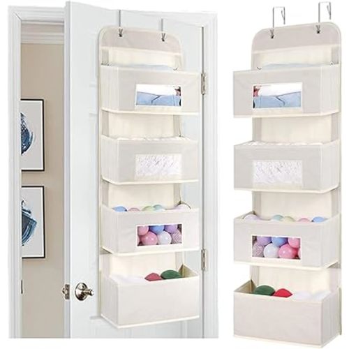 MAX Houser 4-Shelf Over The Door Hanging Organizer with 2 Metal Hooks, 4 Pocket Swing-Proof Behind Door Organizers with Clear Windows for Nursery Bathroom Closet,Dorm,Baby Diapers, Kids Toys (Beige)