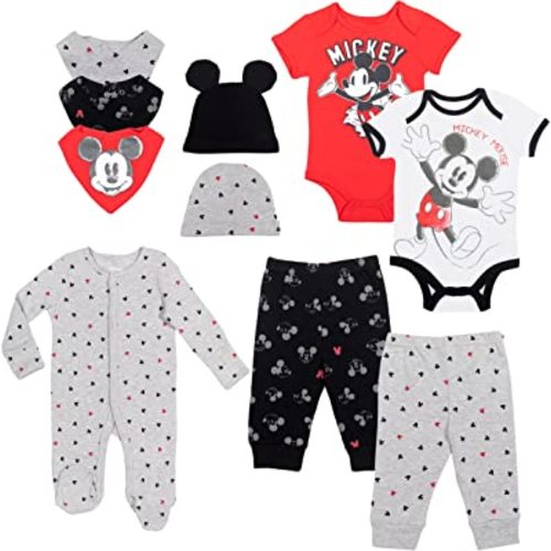 Disney Mickey Mouse Baby Mix N' Match Zip Up Sleep Play Coverall Bodysuits Pants Bibs and Hats 10 Piece Newborn to Infant