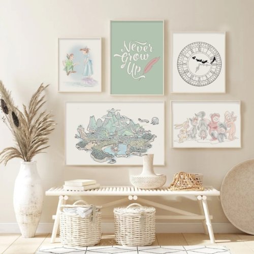Peter Pan Nursery Art Prints, Set of 5, Printable Neverland Map, Tinkerbell Lost Boys, Neverland Playroom Art, Peter Pan Clock - Etsy
