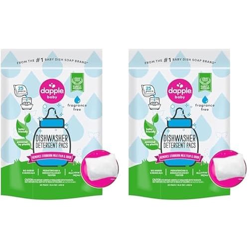 DAPPLE Baby Dishwasher Pacs, Fragrance Free Dishwasher Pods, Plant Based, Hypoallergenic, 25 Count (Pack of 2)
