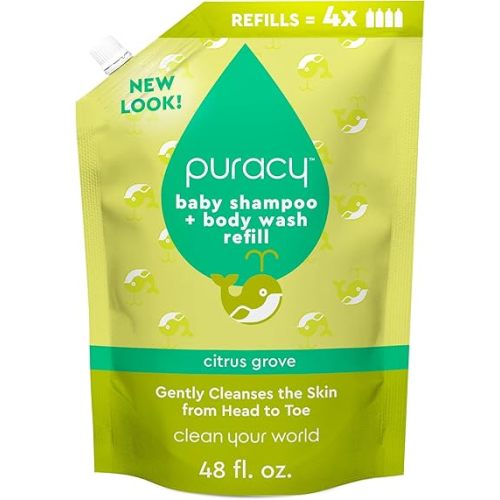 Puracy Shampoo & Body Wash for Children - Perfect Skin, Pure Ingredients - with 12 Fruit & Vegetable Extracts for Silky Smooth Skin, Gentle Citrus Grove Aromas, 98.8% from Mother Nature 48 Oz