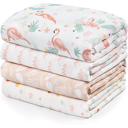 GLLQUEN BABY Muslin Swaddle Blankets 4-Pack Breathable Receiving Blankets (35" x 40") Soft Baby Blankets for Girls and Boys Newborn Essentials Muslin Burp Cloths Swaddle Wrap Baby Gift(Flamingo)