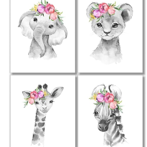 Baby Safari Animals Wall Art Prints - Safari Nursery Decor - Set of 4 - Zoo Jungle Animal Pictures - Watercolor Boys Girls Room Posters - Unframed - (8x10)