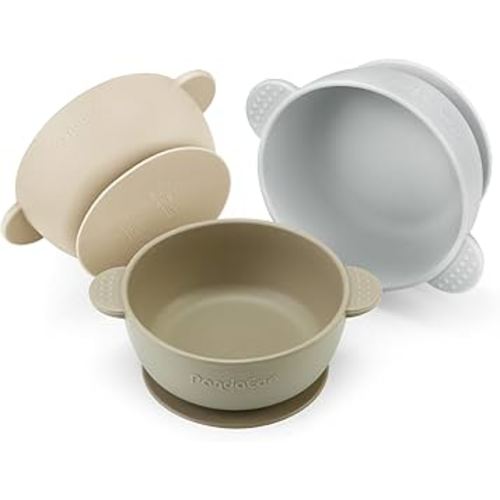 PandaEar 3 Pack Baby Bowls with Suction| Stay Put Silicone Food Bowl for Babies Kids Toddlers Infants| Food Grade Soft Safe BPA-Free Silicone (Brown Grey Tan)