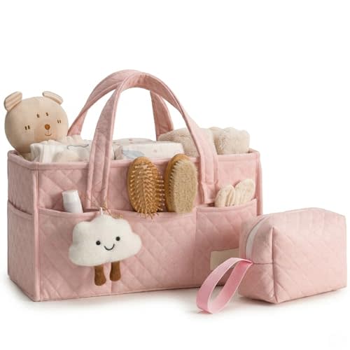 PeraBella Baby Diaper Caddy Organizer, Baby Basket Shower Gift, Portable Changing Table Basket, Postpartum Caddy & Tote Bag Pouch, Newborn Boy & Girl Nursery Essentials Registry, Car Diaper Organizer