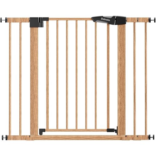 BABELIO 26-40" Metal Baby Gate with Wood Pattern, PressGuard C5 Easy Install Pressure Mounted Dog Gate for Stairs and Doorways, with Wall Protectors and Extension Kits