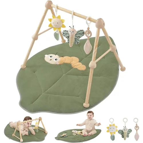 Wooden Organic Baby Gym Cotton Play Mat, 4-in-1 Super Soft Infant Activity Tummy Time Playmat for 0 to 3 6 9 12 36 Months Babies, Removable Toys for Sensory & Motor Skill Development, Leaf