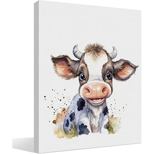 BIWSHA Cute Cow Wall Art - Cow Nursery Decor, Cow Gifts for Cow Lovers Kids, Watercolor Farm Animal Cow Wall Art Prints Poster Decor for Nursery Kids Boys Girls Room Playroom, 11x14 Inches Framed