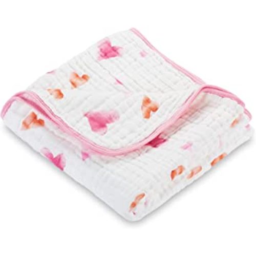 LollyBanks Muslin Quilts | 100% Cotton Nursery & Crib Blankets for Girls| Super Soft and Lightweight | Large Size 47" x 47" for Baby Toddler Children and Kids | Heart Print