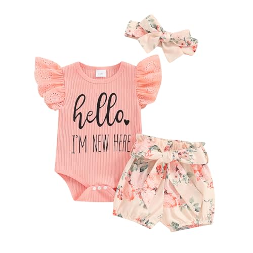 wybzd Hello World Newborn Outfit Baby Girl Going Home Outfit Ruffle Ribbed Romper Top Floral Pants Set Cute Summer Clothes