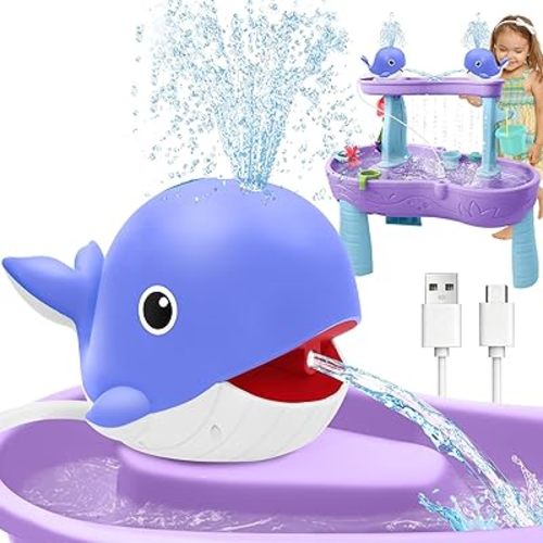 Infowush Water Table Pump, Whale Rechargeable Water Pump for Water Table with Sprinkler, 3.5 Hours Non-Stop Fun Summer Outdoor Water Toys Outside Water Play Table Accessories for Kids Toddlers, Purple