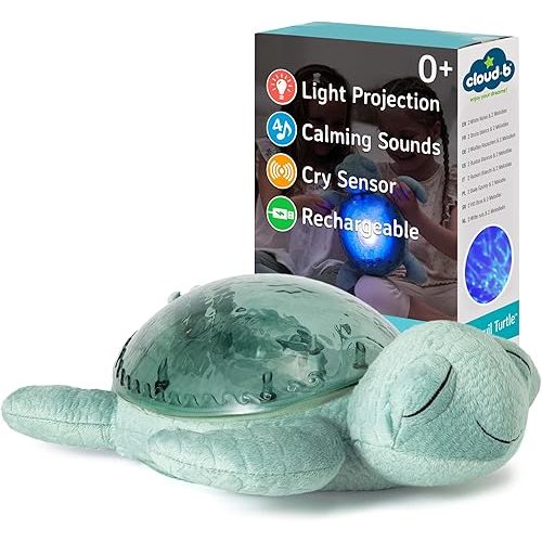 Cloud b Ocean Projector Nightlight with 2 White Noises and 2 Soothing Sounds | Adjustable Settings and Auto-Shutoff | Cry Sensor | Recycled Fabric | Tranquil Turtle - Green (Rechargeable)