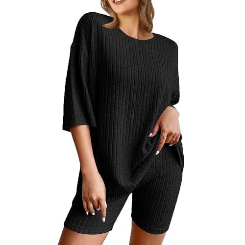 NORACORA Pajamas 2 Piece Lounge Sets Ribbed Knit for Women Matching T-shirt Shorts Outfits Sleepwear
