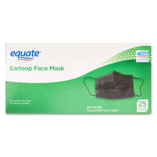 Equate Earloop Disposable Face Masks, Black, 25 Count HSA/FSA Eligible