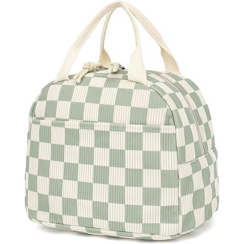 Corduroy Lunch Box for Women Girls, Cooler Lunch Bags Reusable Insulated Lunchbox for Picnic School Work Travel (Checkered Green)