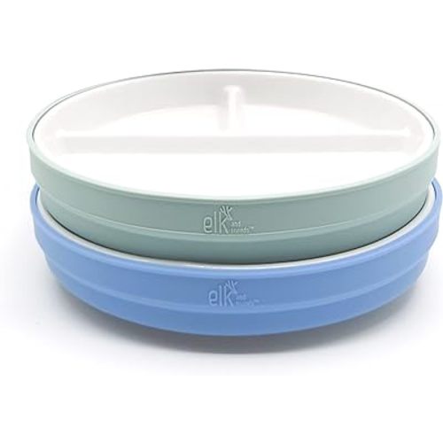 Elk and Friends Kids 6.7” Porcelain White Plates with Silicone Sleeves | Divided Plates | Suitable for Kids/Toddlers | Microwave & Dishwasher Safe | Non Slip | Snack Dishes