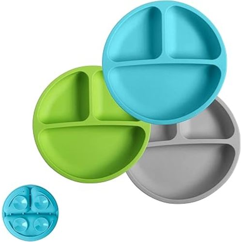 Silikong Suction Plate for Toddlers | BPA Free, 100% Food-Grade Silicone | Microwave, Dishwasher and Oven Safe | Stay Put Divided Baby Feeding Plates (3, Blue/Green/Grey)