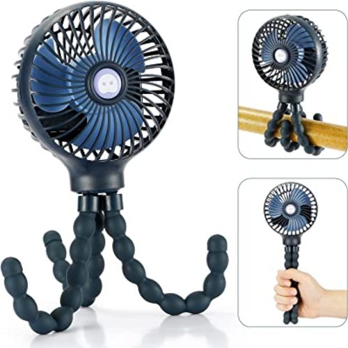 snawowo Mini Handheld Personal Portable Fan, Baby Stroller Fan, Car Seat USB or Battery Powered, with Flexible Tripod Clip on Student Bed Desk Bike Crib Treadmill Camping Traveling(Dark Blue)