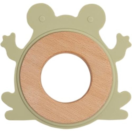 Pearhead Frog Wooden Baby Teether, Natural Wooden Teething Toy for Babies 0+ Months, Silicone Chewable Baby Teether, PVC-Free and Phthalate-Free, Safe and Gentle