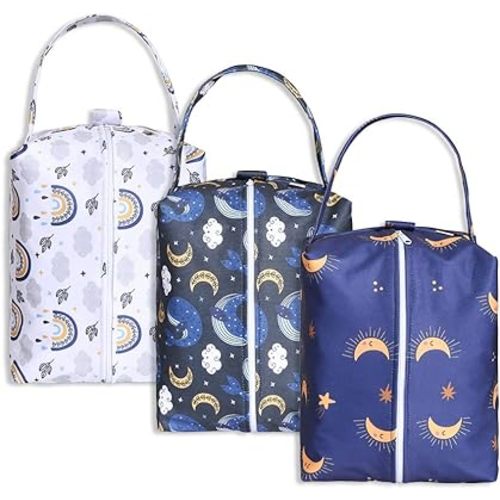 Baby Diaper Wet Dry Bag - 3PCS Diaper Organizer Bag Nappy Pouch Water- resistan Diaper Pod for Baby Diaper Bag,Gym Bag,Travel Bag (Night)