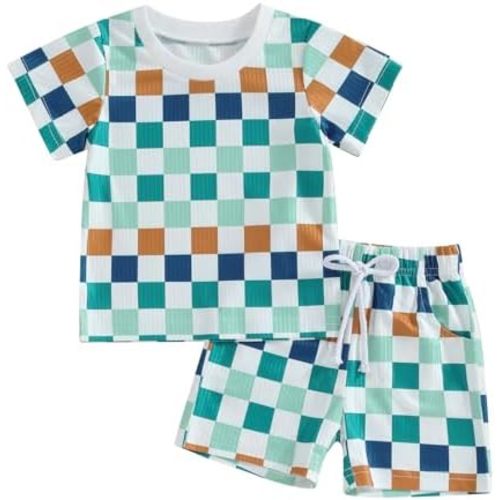 Toddler Baby Boy Girl Summer Clothes Checkerboard Print Short Sleeve T-Shirt Tee Tops Rolled Shorts Infant Outfits