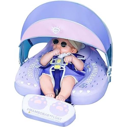 Mambobaby Float with Canopy UPF 50+ Sun Protection Add Tail Non-Inflatable Solid Baby Pool Swim Float Mambo Smart Swim Trainer Infant Float Swim Ring for Baby Aged 3-24 Months
