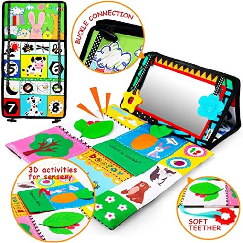 beetoy Tummy Time Baby Mirror Toys with Black and White Pattern, Double High Contrast 3D Activity Play Crinkle Toys Foldable Baby Mirror Sensory Development Toys for Newborn 0 3 6 Months - mirror &mat