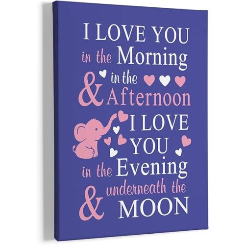 HIWX Baby Elephant Nursery Decor - I Love You In The Morning Sign Framed Canvas Painting Wall Art Decor For Room Bedroom 11x14 (Deep Purple)