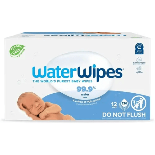 WaterWipes Plastic-Free Original Baby Wipes, 99.9% Water Based Wipes, Unscented & Hypoallergenic for Sensitive Skin, 60 Count (Pack of 12), Packaging May Vary