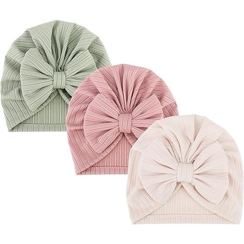 DRESHOW BQUBO 3 Pieces Newborn Baby Turban Hats Bow Baby Infant Beanie Breathable Toddler Cap for Baby Girls