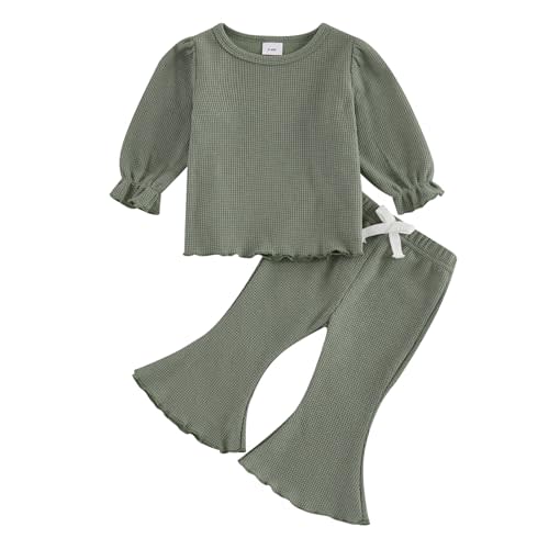 fhutpw Infant Girl Clothes Lantern Sleeve Solid Top and Flared Pants Sets Baby Newborn 6 12 18 Months 2T Fall Winter Outfits