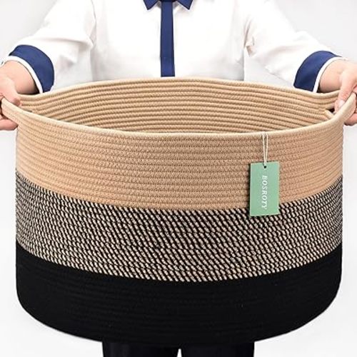 Extra Large Blanket Basket 87L, Laundry Hamper, Baby Nursery Hamper, Large Laundry Basket For Girls Boys, Cotton Rope Basket, Clothes Basket Laundry, 22”x 14”, Brown & Black