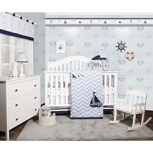 5-Piece Baby Crib Bedding Set - Crib Quilt, Skirt, Fitted Sheet, Window Valance, Accent Pillow - Baby Boy, Girl Room Nursery Decor and Bedding Ensemble - Sailor
