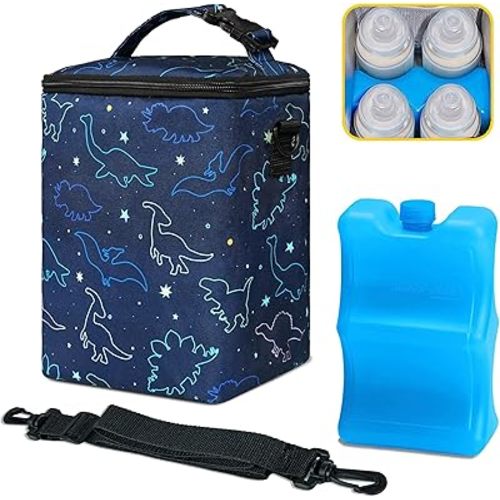 Breastmilk Cooler Bag with Ice Pack Fits 4 Bottles Up to 9 Ounce - Insulated Baby Bottle Cooler for Nursing Moms on the Go with Strap