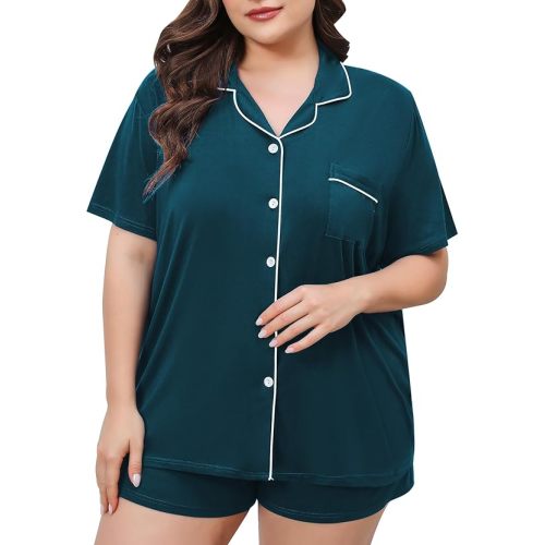 SWOMOG Women's Plus Size Pajamas Set Button Down Tops Short Sleeve Sleepwear Soft Pajama Shorts 2 Pcs Lounge Sets With Pocket