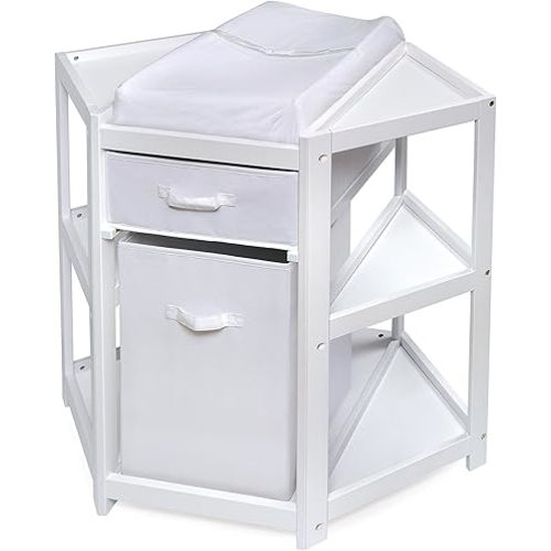 Badger Basket Diaper Corner Baby Changing Table – Space-Saving White Nursery Station with Hamper, Basket & Changing Pad