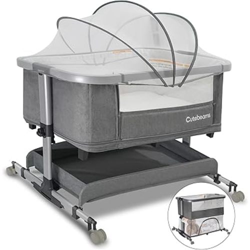 4-in-1 Baby Bassinet, Bedside Sleeper, Rocking Bassinet, Baby Playpen, with Mattress and Mosquito Net, Storage Basket, Self Rocking, 5-Height Adjustable