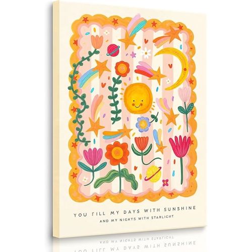 Colorful Sun Nursery Wall Art Abstract Boho Floral Wall Decor You Fill My Days With Sunshine Poster Picture Adorable Wildflower Inspirational Quotes Canvas Painting Baby Children Room Prints Framed