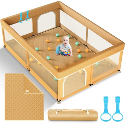 Omzer Baby Playpen with Mat 71"×59" - Extra Large Playpen for Babies and Toddlers with Mat Included, Safety Playard for Baby with Gate, All-Wrapped Soft Sponge Baby Gate Playpen with Stable Mat Velcro