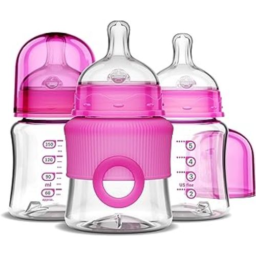 Smilo Baby Bottle Set with Stage 0 Slow Flow Anti Colic Nipple, 5 Oz / 150 ml Capacity, 3X Pack of Anti Colic Baby Bottles 0-3 Months - Pink