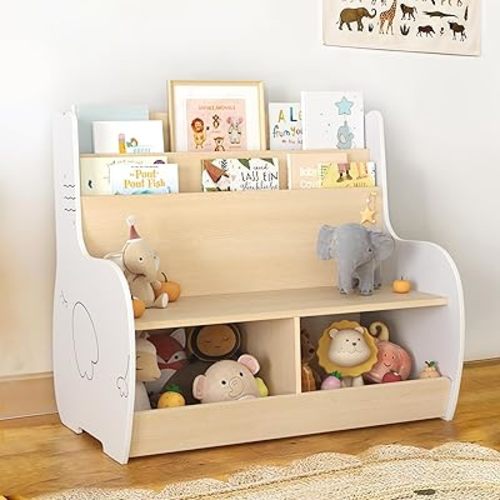 Curipeer 3-in-1 Kids Bookshelf and Toy Storage Organizer with Bench, Toddler Bookshelf and Bookcase with Reading Nook and 2 Storage Cabinets, Kids Book Shelf for Nursery, Playroom, White Elephant