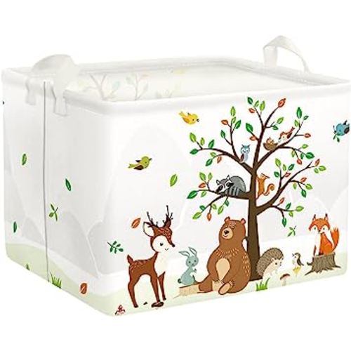 Clastyle Woodland Animals Bear Fox Raccoon Tree Baby Gift Storage Basket Deer Owl Collapsible Rectangular Shelf Basket Toy Book Clothes Towel Storage Bin for Nursery