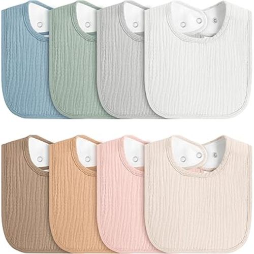 8-Pack Baby Muslin Bibs, Soft Cotton Drool Bibs for Boys Girls, Adjustable and Absorbent Newborn Bib Set for Feeding and Drooling