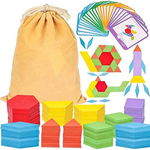 LovesTown Learning Wooden Pattern Blocks for Kids, Geometric Shapes with Activity Cards and Storage Bag, Educational Tangram Puzzles, 209 PCS