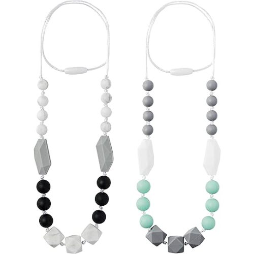 2PCS Baby Teething Necklace for Mom to Wear, Babies Nursing Necklaces for Kids, Sensory Teether Toys for Toddlers Children Adults Baby Shower Birthday Gift (Green Grey Black)